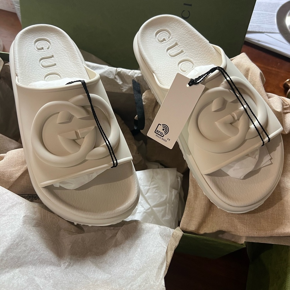 New Gucci GG double G interlock G rubber platform off white slides sandals - Picture 2 of 7